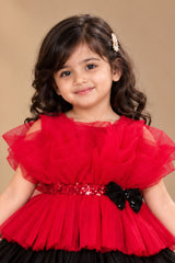 Red And Black Layered Tailback Party Dress For Girls