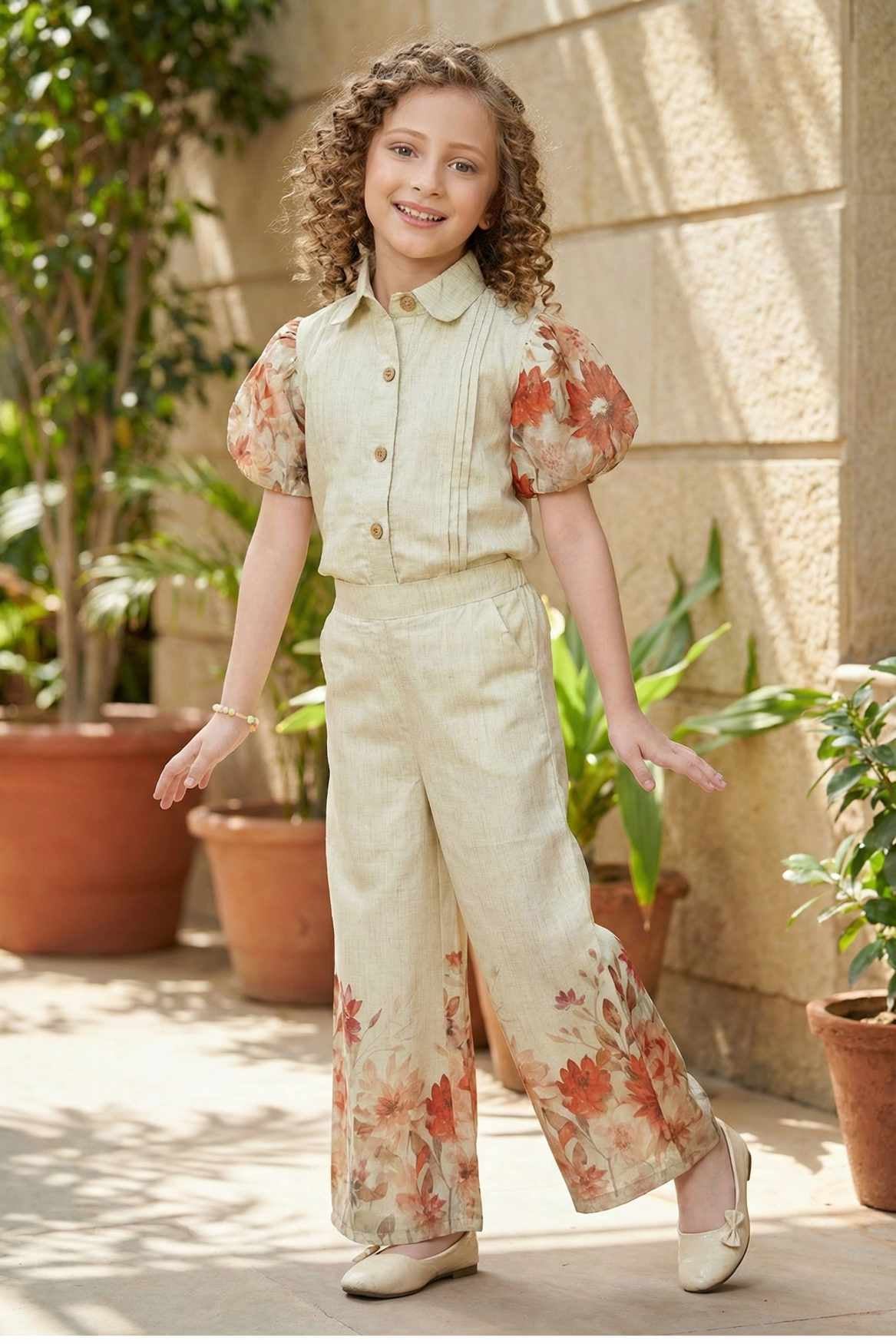 Beige Floral Co-ord Set with Puff Sleeves and Printed Wide-Leg Pants For Girls