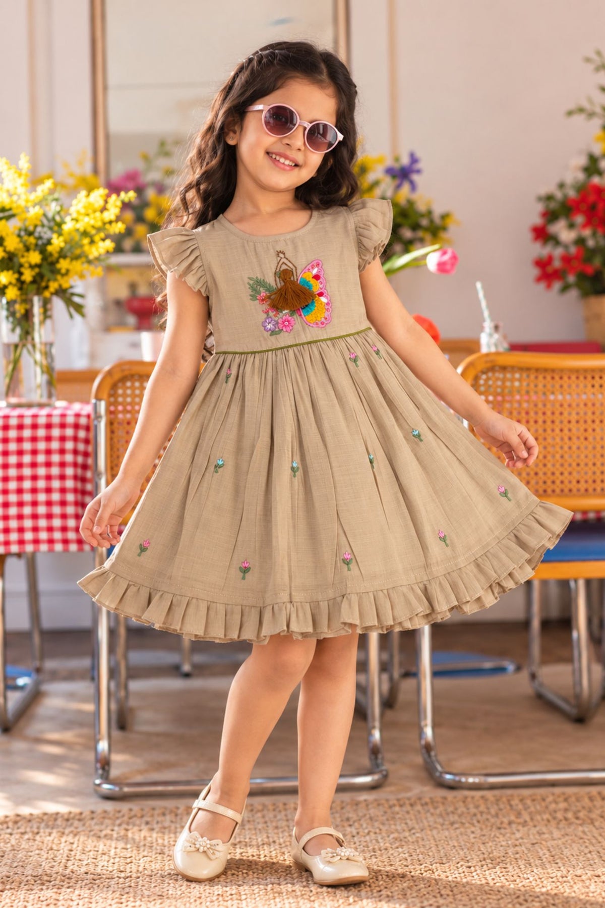Girls Fawn Floral Butterfly Embroidered Flared Dress