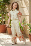 Beige Floral Co-ord Set with Puff Sleeves and Printed Wide-Leg Pants For Girls