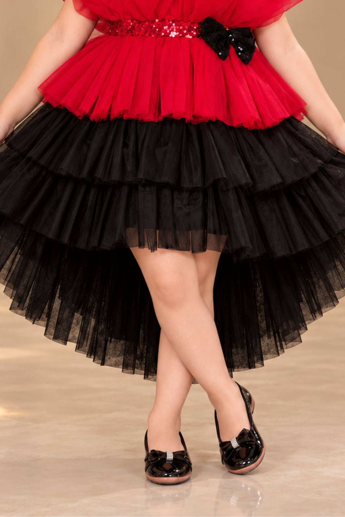 Red And Black Layered Tailback Party Dress For Girls