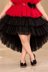 Red And Black Layered Tailback Party Dress For Girls