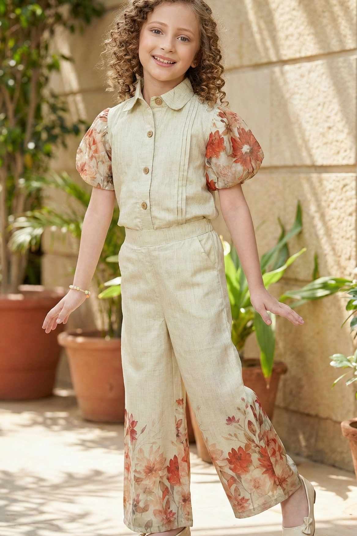 Beige Floral Co-ord Set with Puff Sleeves and Printed Wide-Leg Pants For Girls