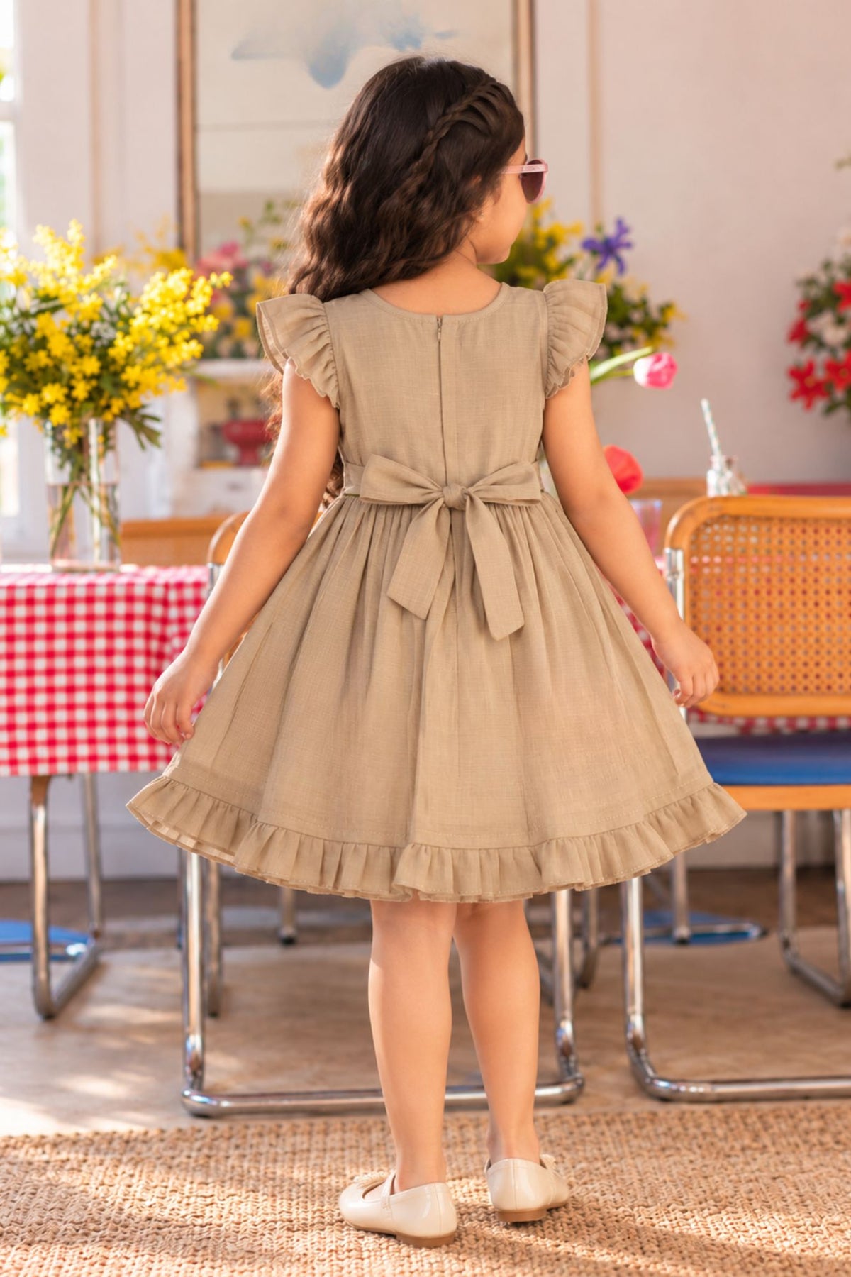 Girls Fawn Floral Butterfly Embroidered Flared Dress