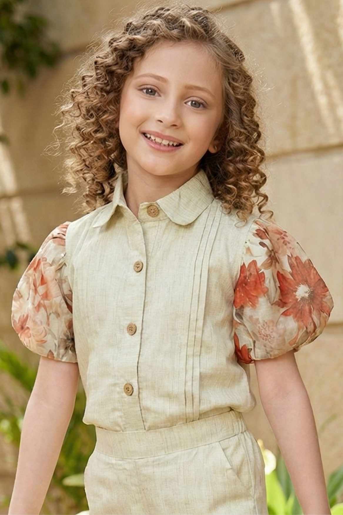 Beige Floral Co-ord Set with Puff Sleeves and Printed Wide-Leg Pants For Girls