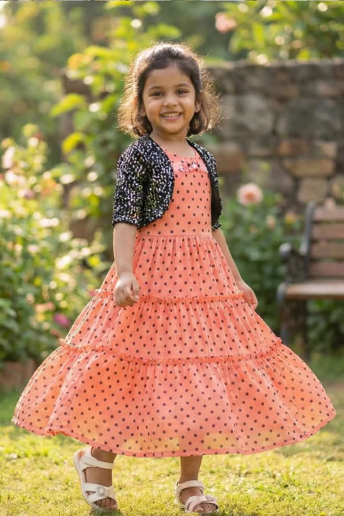 Peach Polka Dot Tiered Gown With Jacket For Girls