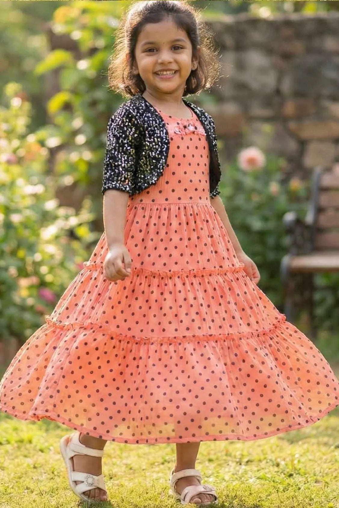 Peach Polka Dot Tiered Gown With Jacket For Girls
