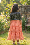 Peach Polka Dot Tiered Gown With Jacket For Girls