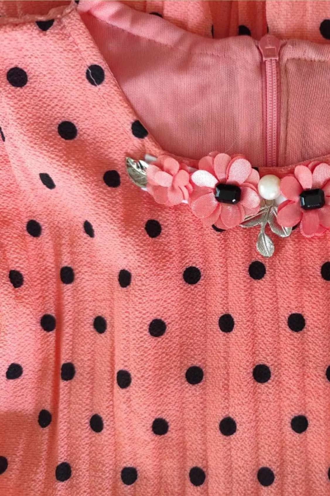 Peach Polka Dot Tiered Gown With Jacket For Girls