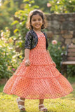 Peach Polka Dot Tiered Gown With Jacket For Girls