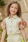 Beige Floral Co-ord Set with Puff Sleeves and Printed Wide-Leg Pants For Girls