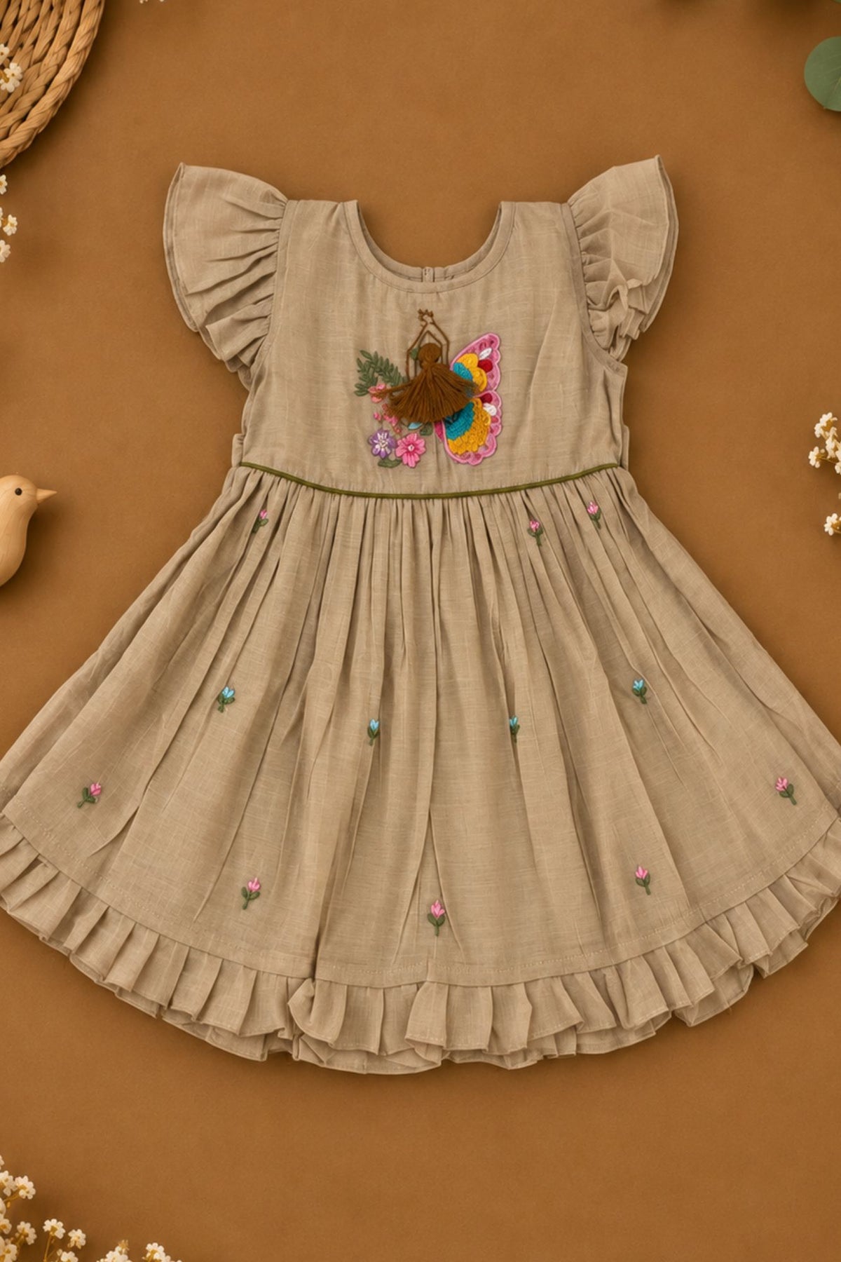 Girls Fawn Floral Butterfly Embroidered Flared Dress