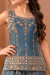 Blue Designer Embroidered Palazzo Set For Girls