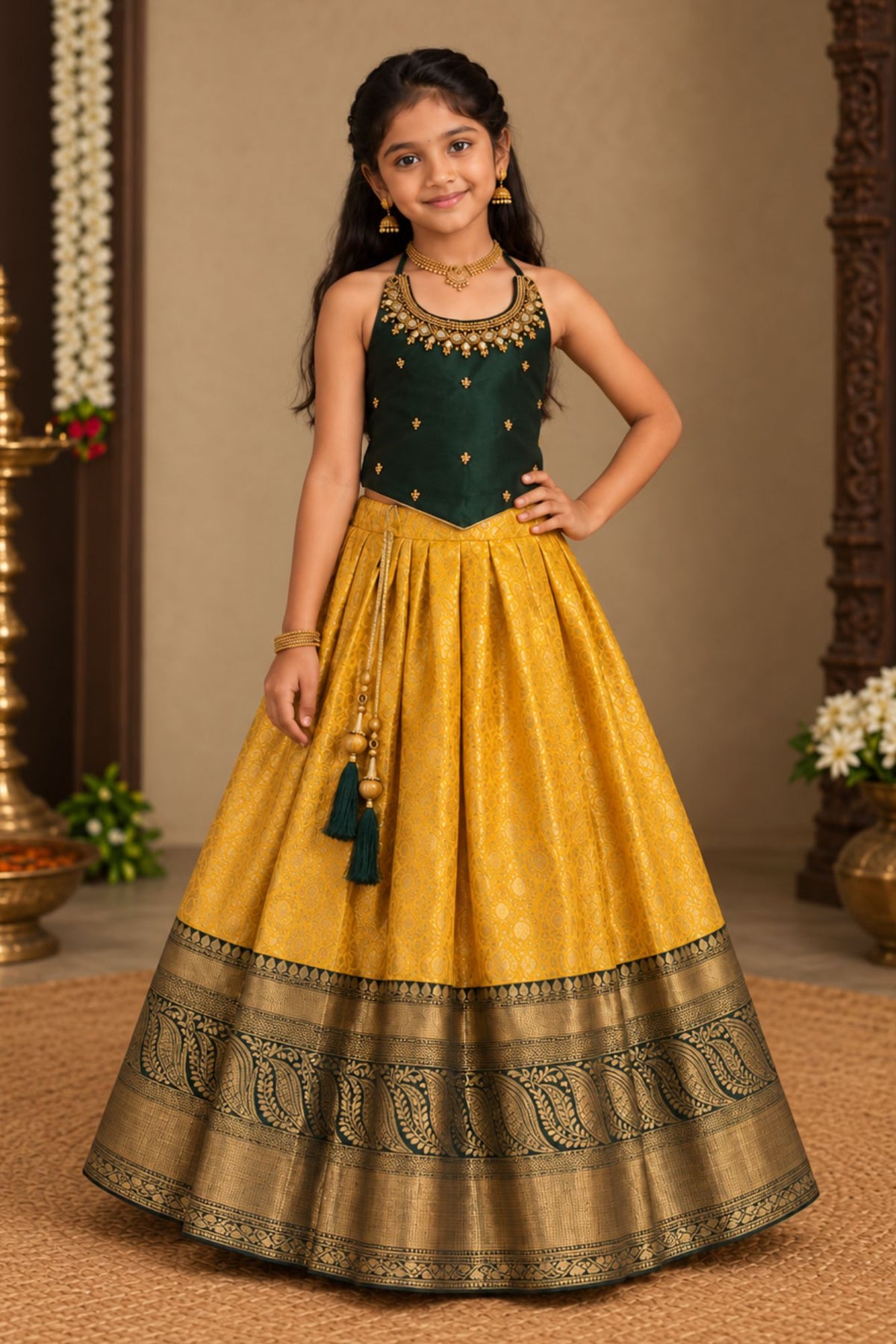 Bottle Green And Mustard Gold Embroidered Pattu Pavadai Set for Girls
