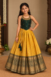 Bottle Green And Mustard Gold Embroidered Pattu Pavadai Set for Girls