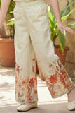 Beige Floral Co-ord Set with Puff Sleeves and Printed Wide-Leg Pants For Girls