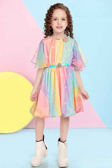 Rainbow Frock With Circle Sleeves And Pearl Brooch For Girls