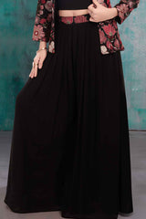 Black Floral Embroidered And Stone Work Ethnic Palazzo Set With Over Coat For Girls