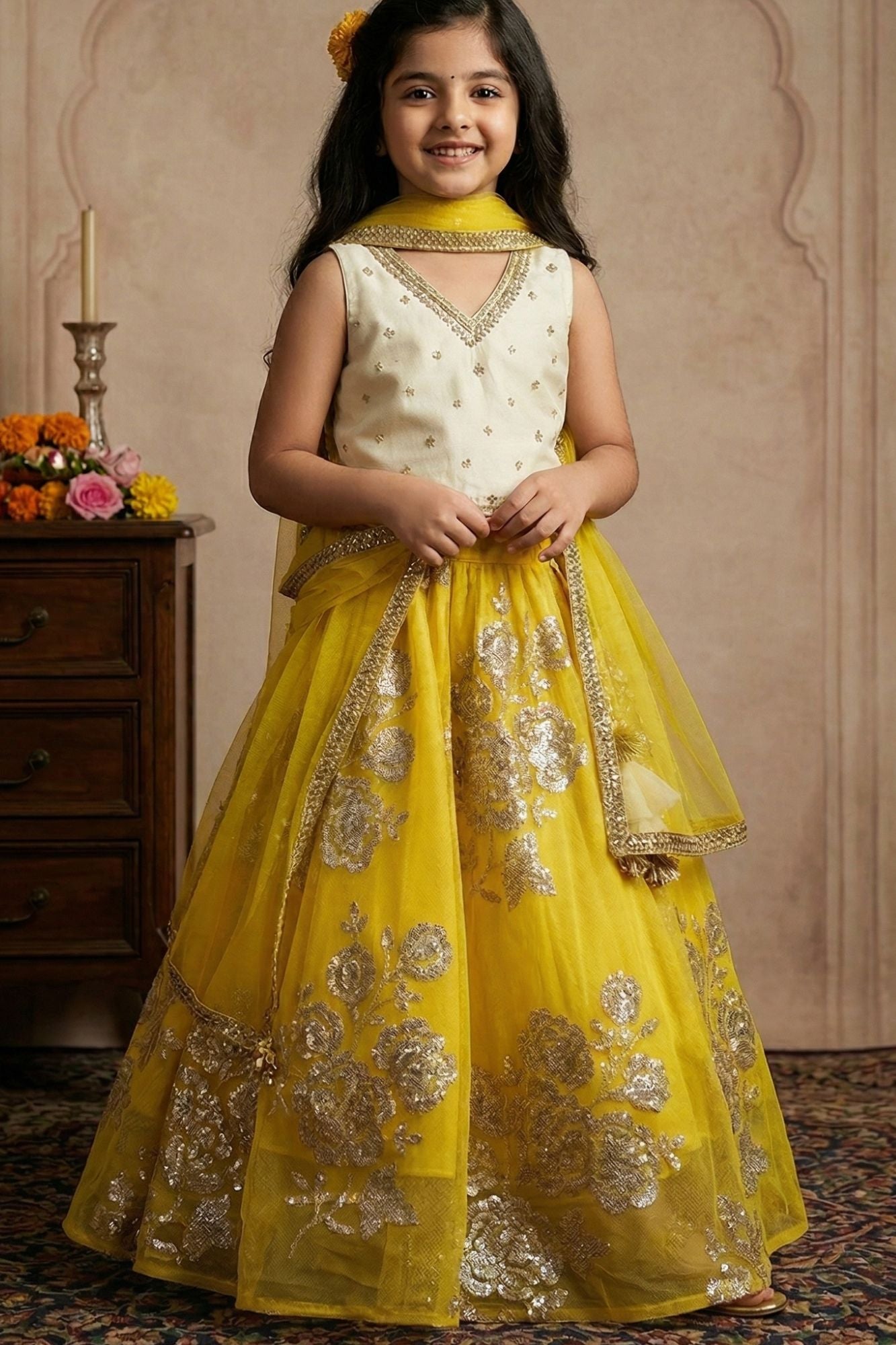 Girls Lime Yellow Sequin Embroidered Lehenga Choli Set