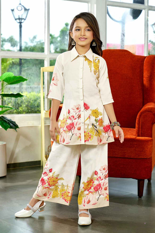 Stylish Cream Co Ord Set With Floral Printed For Girls