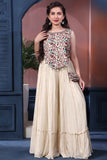 Cream Sequins And Printed Palazzo Set With Sling Bag For Girls