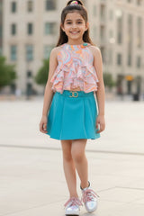 Stylish Turquoise Blue Printed Top And Skirt Set For Girls