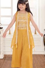 Mustard Sequins Work And Thread Work Palazzo Set With Overcoat For Girls