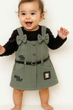 Olive Green Dungaree With Black T-Shirt Set For Girls