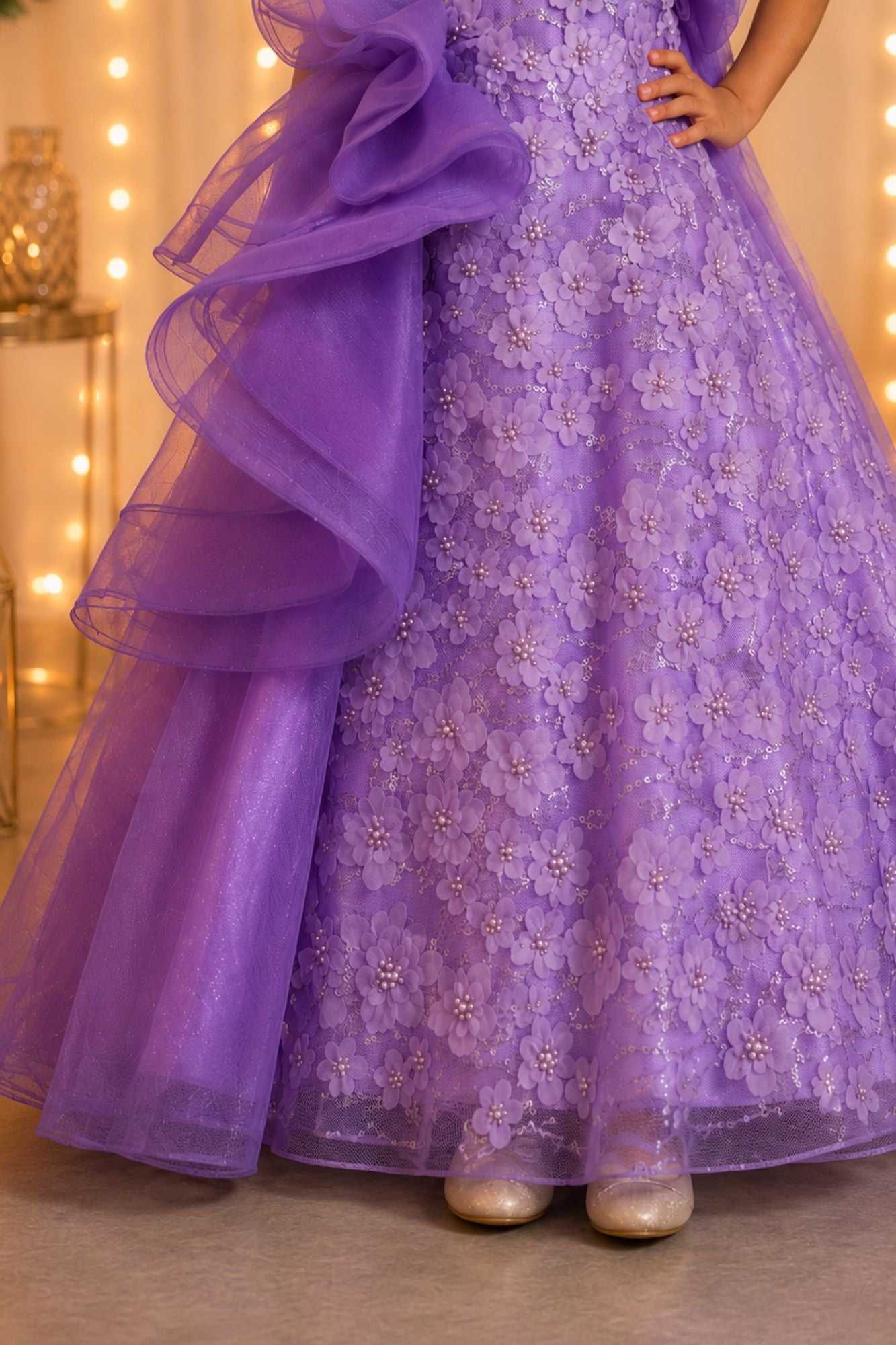 Lavender Floral Embellished Layered Party Wear Ball Gown