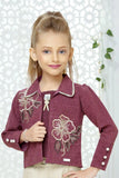 Wine And Beige Floral Embroidered Co-ord Set with Jacket For Girls