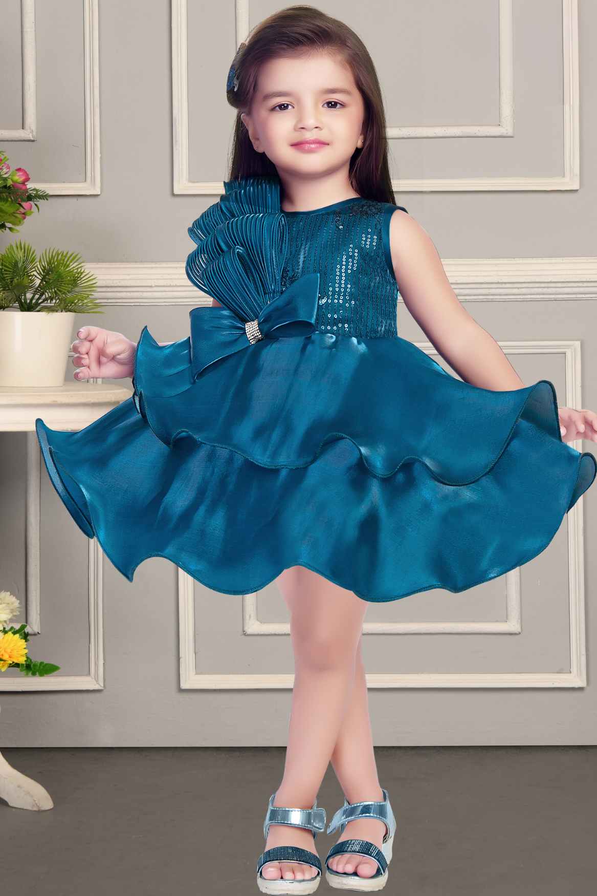 Teal Blue Frock With Bow Embellished And Sequin For Girls