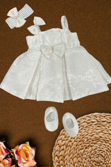 Off White Sleeveless And Bow Embellished Frock For Girls