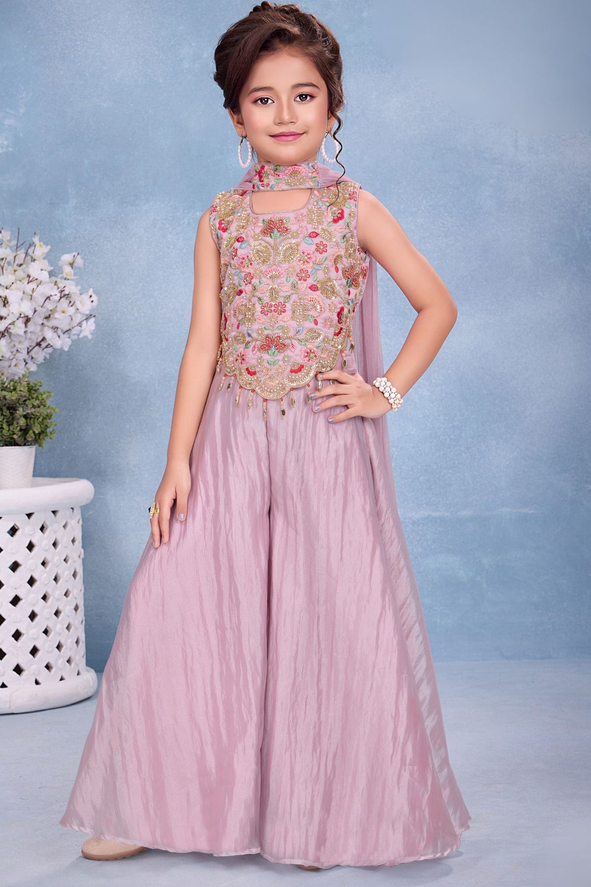 Girls Onion Pink Embroidered Palazzo Set With Dupatta