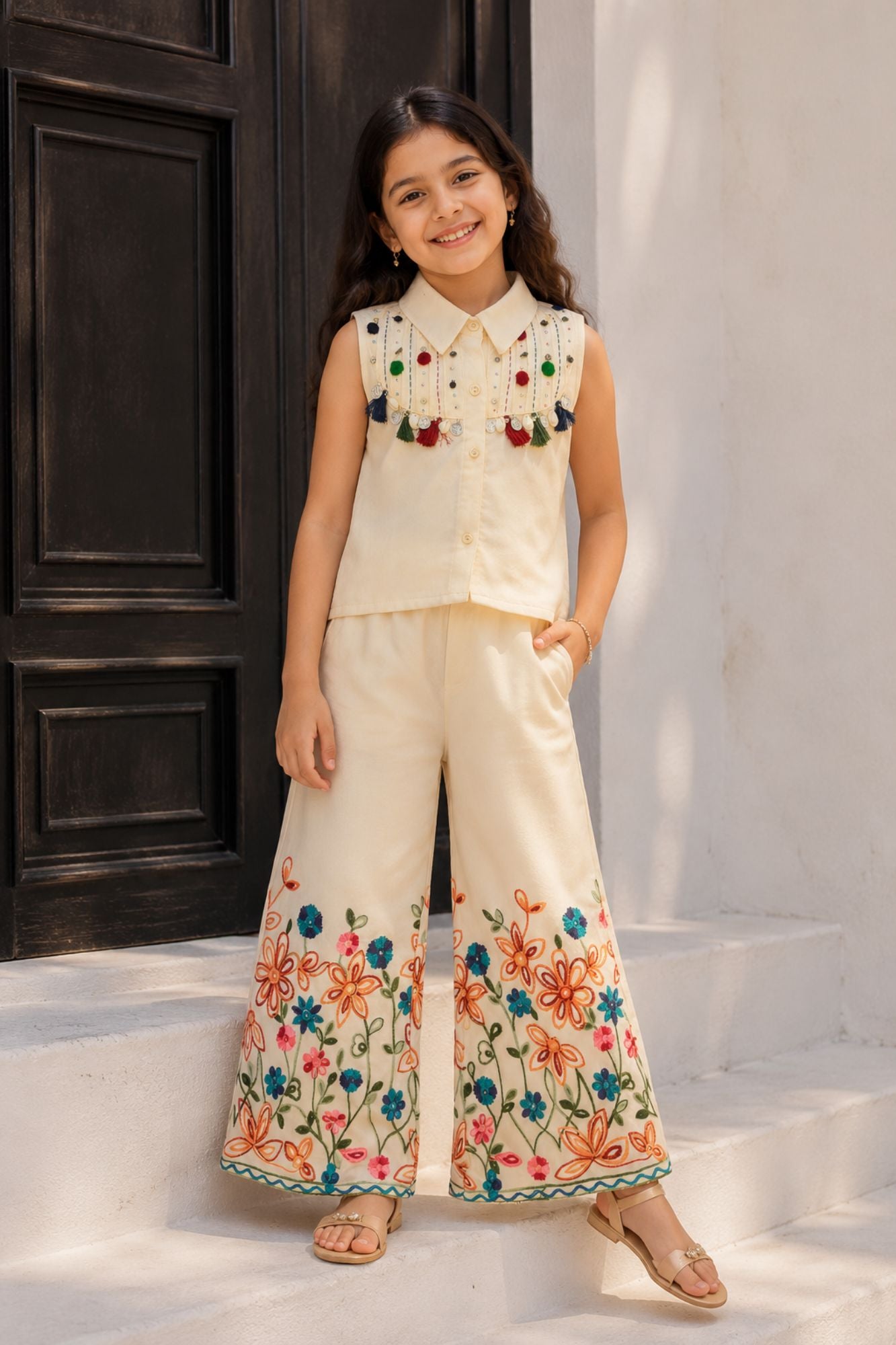 White Floral Embroidered Crop Top and Palazzo Co ord Set