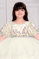 Elegant Cream Party Frock With Puffy Sleeves And Sequins Work For Girls