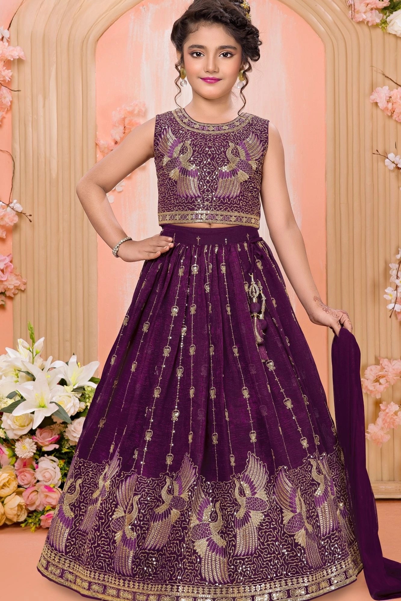 Plum Purple Sequins Bird Embroidered Lehenga Choli Set for Girls