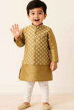 Fawn Silk Kurta Pyjama Set With Printed Nehru Jacket For Boys
