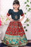 Teal Blue And Maroon Pattu Pavadai Set With Floral And Geometric Embroidery for Girls