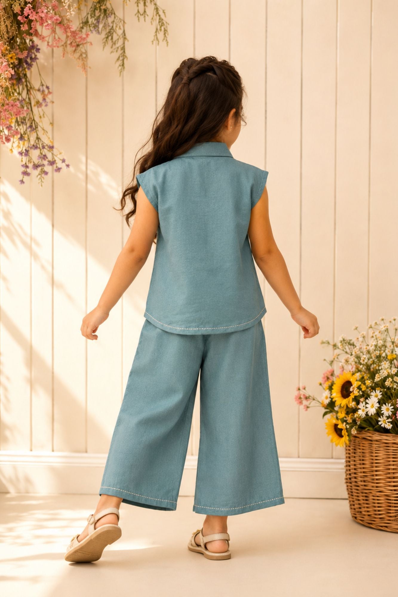 Aqua Blue Floral Embroidered Shirt & Wide-Leg Co-Ord Set