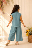 Aqua Blue Floral Embroidered Shirt & Wide-Leg Co-Ord Set