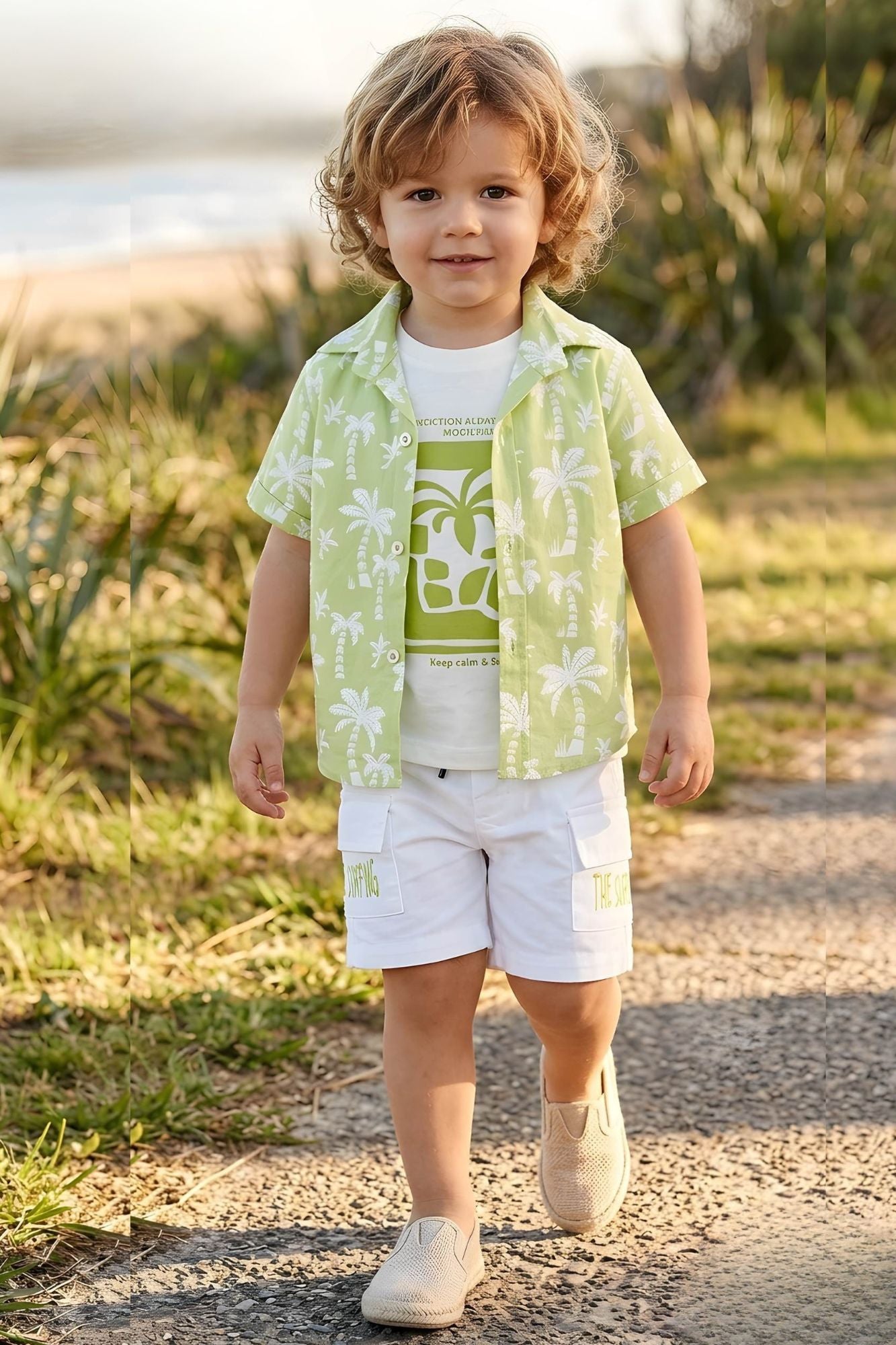 Boys Lime Green Tropical Printed Shirt with White Cargo Shorts Co-Ord Set