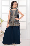 Navy Blue Embroidered Palazzo Set For Girls