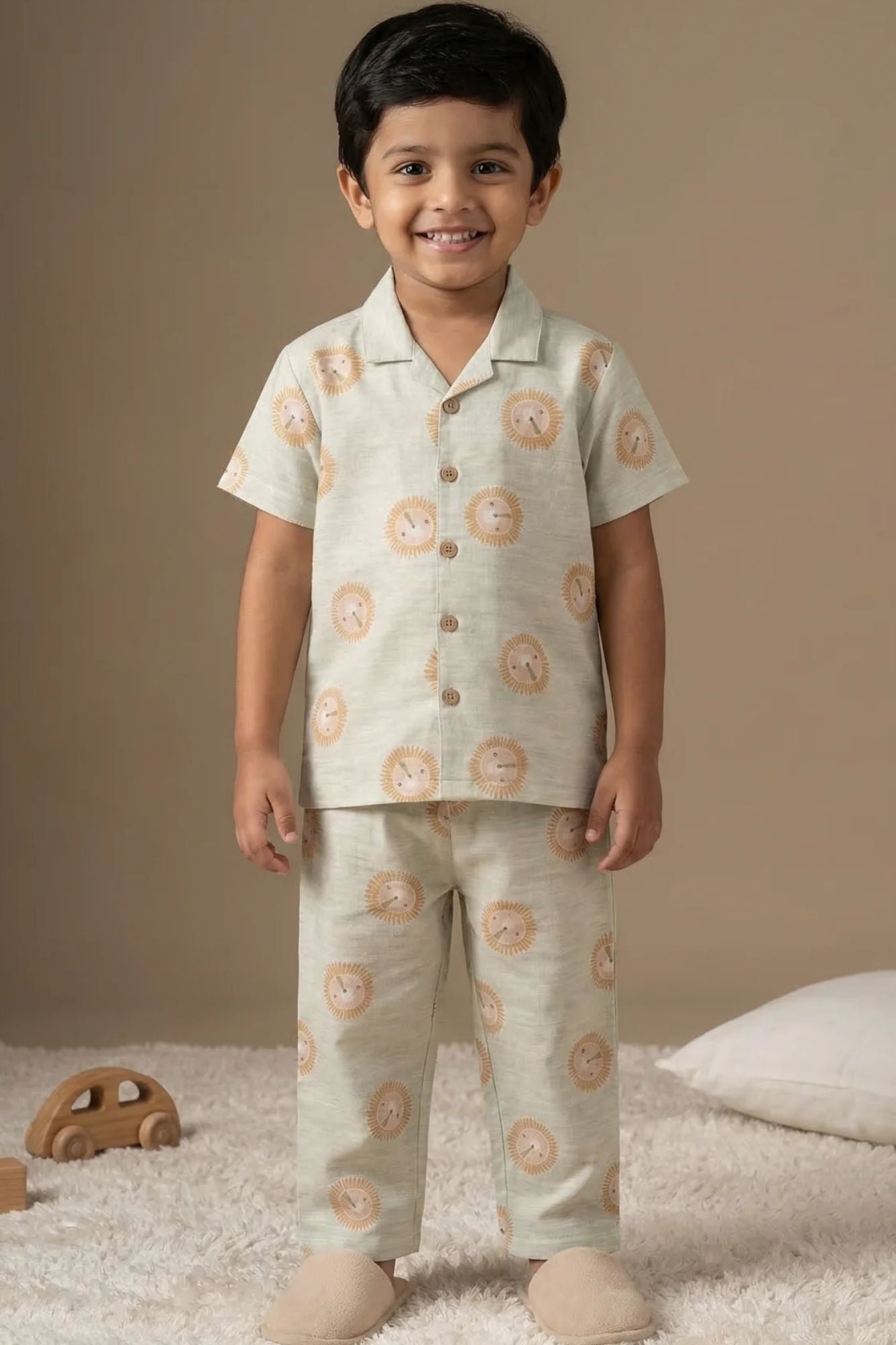 Beige Lion Print Cotton Night Suit Set For Boys