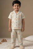 Beige Lion Print Cotton Night Suit Set For Boys