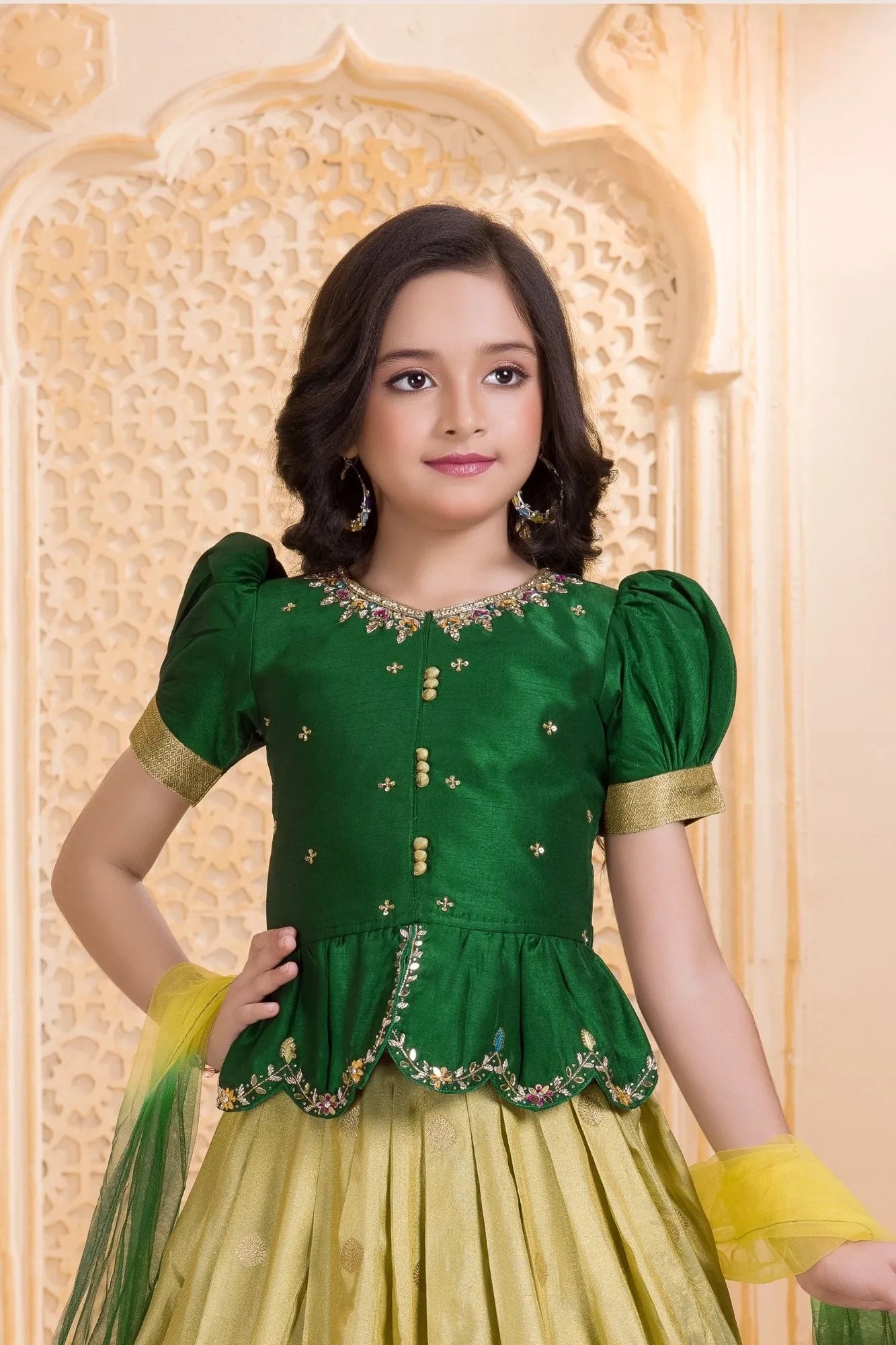 Emerald Green Embroidered Pattu Pavadai Set with Zari Work For Girls
