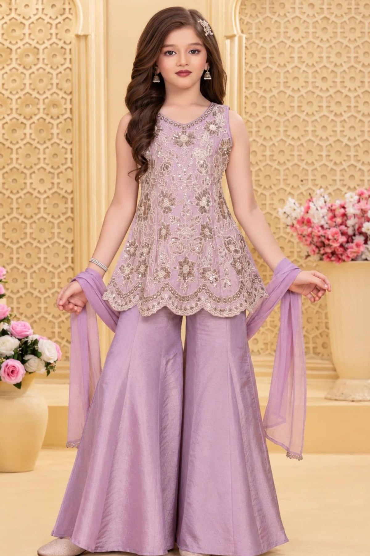 Girls Elegant Lavender Floral Embroidered Palazzo Set