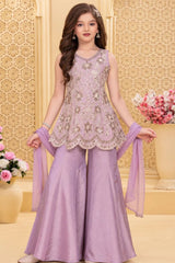 Girls Elegant Lavender Floral Embroidered Palazzo Set