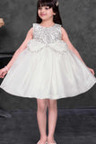 White Sequin Party Wear Frock with Bow Detail For Girls