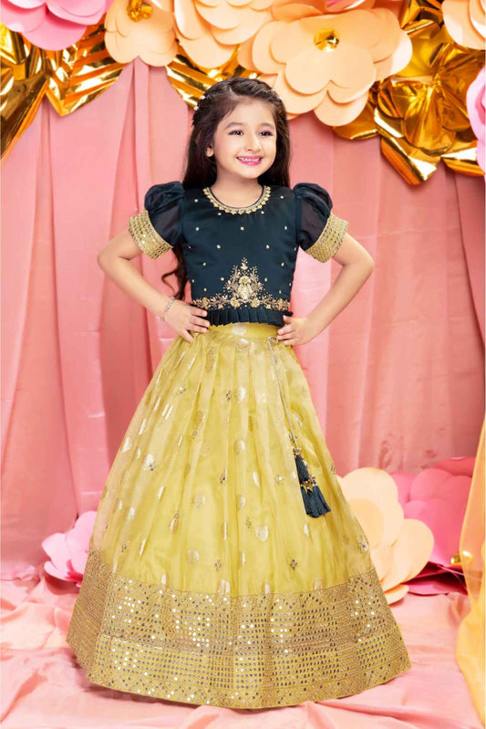 Navy Blue And Yellow Puff Sleeves And Sequin Embroidered Pattu Pavadai Set For Girls