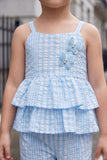 Girls Blue Striped Ruffle Co-Ord Set with Butterfly Applique